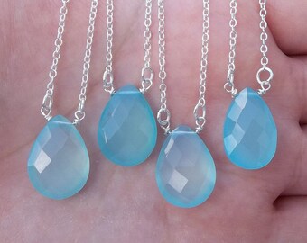 Real Natural Sparkling Diamond Cut Ocean Sea Aqua Blue Chalcedony Gemstone Birthstone Teardrop Drop 925 Silver Charm Necklace 18"