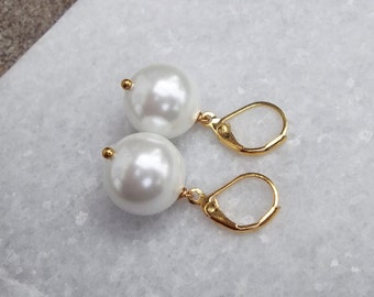 Real Natural Round South Sea Pearl Saltwater Wedding Jewelry Ball Bridesmaid Classy Ocean Beach Fashion Drop Gold Dangle Earrings 1.2"