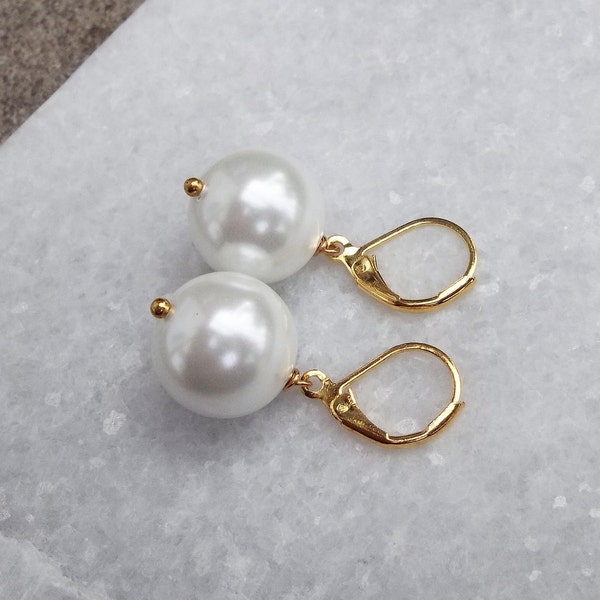 Real Natural Round South Sea Pearl Saltwater Wedding Jewelry Ball Bridesmaid Classy Ocean Beach Fashion Drop Gold Dangle Earrings 1.2"