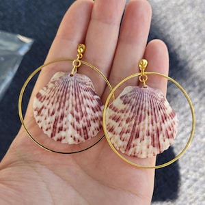 Real Natural Florida Seashell Shell Ocean Beach Coastal Tropical Bohemian Boho Scallop Geometric Ball Stud Post Dangle Gold Hoop Earrings 2"