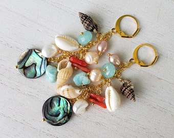 Real Natural Abalone Seashell Shell Ocean Beach Mermaid Freshwater Pearl Sea Island Summer Tropical Coin Gold Cluster Dangle Earrings 2.8"