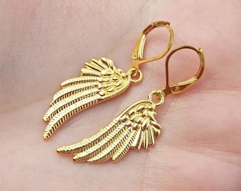 Gold Angel Wing Fantasy Fairy Feather Bird Dainty Minimalista De Moda Boho Boho Diosa Joyería Todos los días pendientes colgantes 1.6 "