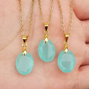 Real Natural Diamond Oval Cut Aqua Ocean Blue Chalcedony Gemstone Stone Beach Island Quartz Sea Jewelry Gold Charm Necklace 18&quot;