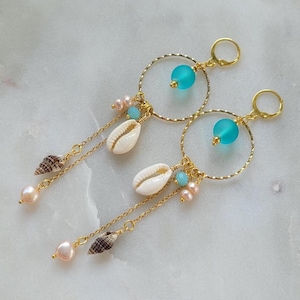 Real Natural Cowrie Shell Seashell Beach Freshwater Pearl Ocean Blue Sea Glass Chalcedony Gemstone Beaded Long Hoop Dangle Earrings 4.5&quot;
