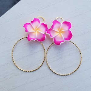 Hawaii Tropical Handmade Polymer Clay Flower Plumeria Hibiscus Pink Yellow Island Hawaiian Beach Summer Long Gold Hoop Earrings 3.4&quot;
