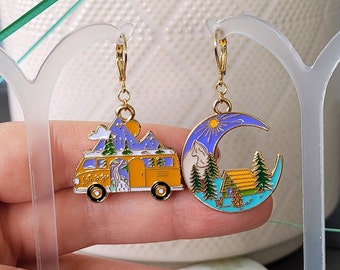 Colorful Enamel Camping Summer Camper Outdoors Bohemian Boho Mismatched Mismatch Moon Forest Van Life Gold Charm Dangle Earrings 1.5"