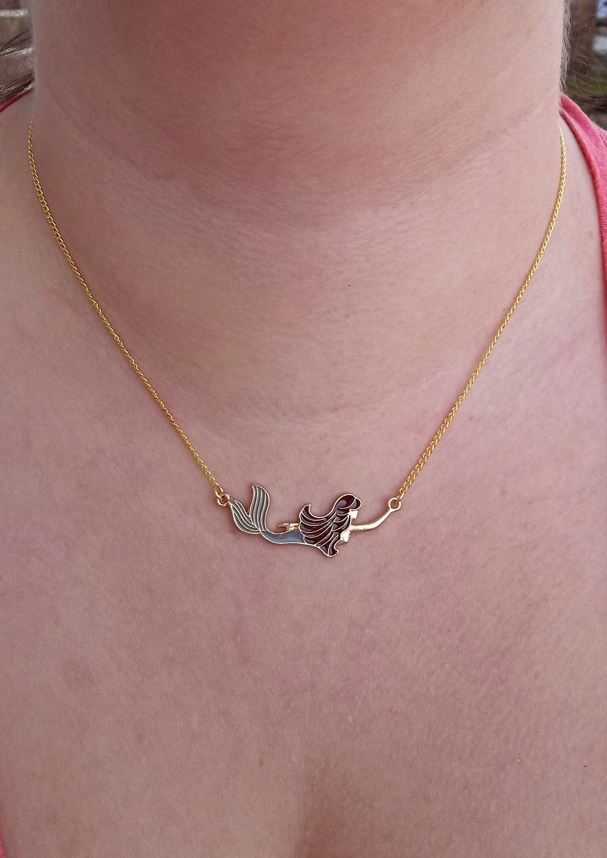 Swimming Ocean Beach Summer Mermaid Jewelry Fish Ariel Disney Bar Island Hawaii Pendant Link Sea Fantasy Gold Charm Necklace 19"