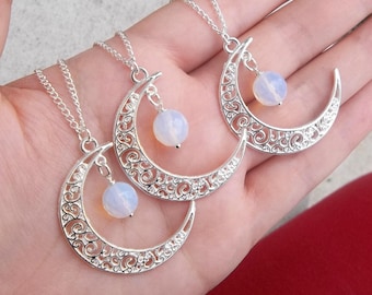 Echte natuurlijke iriserende opaal opalite maansteen edelsteen stenen bal kralen filigraan maan Wicca spirituele genezing zilveren charme ketting 22 "