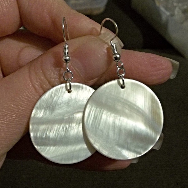 Real Natural White Shine Hue Abalone Seashell Shell Mother Of Pearl Circle Disk Beach Ocean Boho Island Summer Silver Dangle Earrings 2"