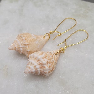 Real Natural Tan Fighting Conch Florida Shell Seashell Horn Classy Ocean Beach Summer Mermaid Island Boho Bohemian Gold Dangle Earrings 2.5"