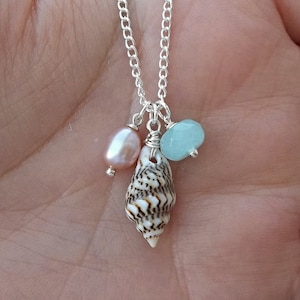 Real Natural Tiny Conch Shell Seashell Aquamarine Gemstone Pink Freshwater Pearl Ocean Beach Mermaid Island Boho Silver Charm Necklace 18&quot;