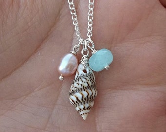 Real Natural Tiny Conch Shell Seashell Aquamarine Gemstone Pink Freshwater Pearl Ocean Beach Mermaid Island Boho Silver Charm Necklace 18&quot;