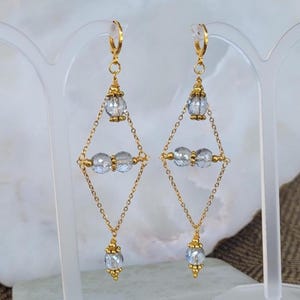 Real Natural Diamond Cut Ocean Blue Aquamarine Gemstone  Beaded Art Deco Geometric Chandelier Classy Statement Long Gold Dangle Earrings 3.7