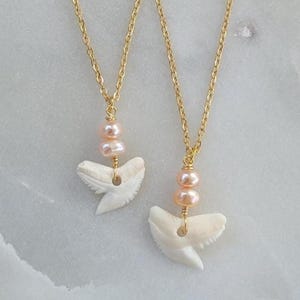 Real Natural Rare White Tiger Shark Tooth Pink Freshwater Pearl Beaded Wire Wrapped Ocean Beach Surf Hawaii Bone Classy Gold Charm Necklace