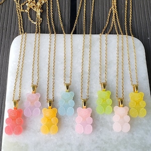Sparkly Pastel Sugar Coated Resin Candy Teddy 18k Gold Plated Gift Jewelry Pendant Gummy Bear Necklace 22&quot;