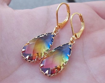 Real Polished Diamond Cut Rainbow Watermelon Blue Yellow Pink Tourmaline Gemstone Stone Quartz Teardrop Drop Classy Wedding Earrings 1.5"