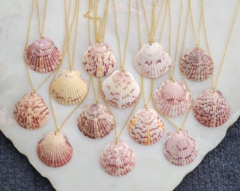 Real Natural Vibrant Florida Scallop Shell Seashell Island Ocean Beach Mermaid Summer Sea Tropical Jewelry Gold Charm Necklace 18&quot;