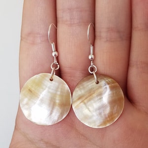 Real Natural Golden Gold Abalone Shell Seashell Disk Mother Of Pearl Ocean Beach Tropical Island Mermaid Sea Jewelry Silver Dangle Earrings
