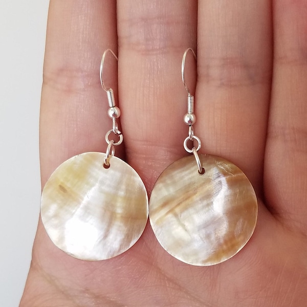 Real Natural Golden Gold Abalone Shell Seashell Disk Mother Of Pearl Ocean Beach Tropical Island Mermaid Sea Jewelry Silver Dangle Earrings