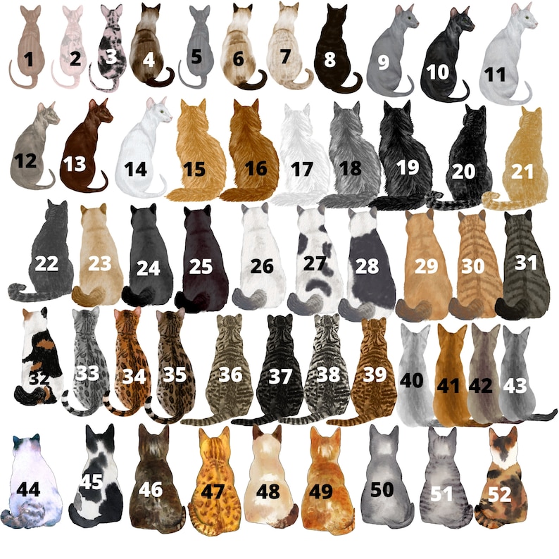 May include: A digital illustration of 52 cats in various poses and colors. The cats are numbered 1 through 52.