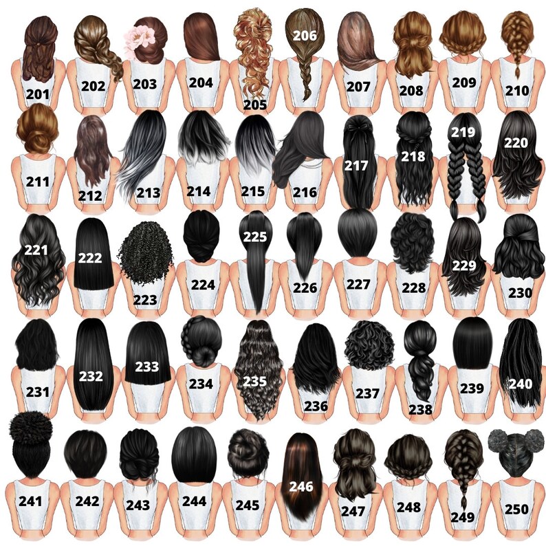 May include: A digital illustration of 250 different hairstyles for women, each with a unique style and color. The hairstyles are numbered from 201 to 250.