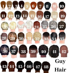 May include: A chart with 48 different hairstyles for men. The hairstyles are numbered 1 through 48. The chart is titled "Guy Hair".