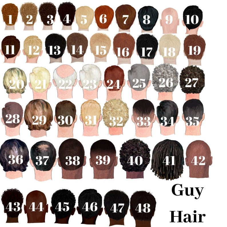 May include: A chart with 48 different hairstyles for men. The hairstyles are numbered 1 through 48. The chart is titled "Guy Hair".