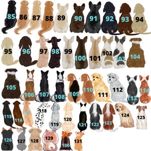 May include: A digital illustration of 131 different dog breeds, each sitting with their back to the viewer. The dogs are numbered from 85 to 131. The illustration is in a cartoon style with a white background.