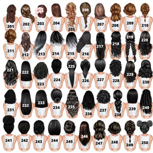 May include: A digital illustration of 250 different hairstyles for women, each with a unique style and color. The hairstyles are numbered from 201 to 250.