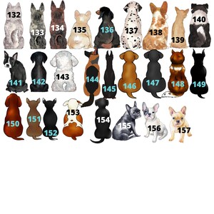 May include: A digital illustration of 17 different dog breeds, each sitting with their back to the viewer. The dogs are all in various colors and patterns, including black, white, brown, and grey. The dogs are numbered 132 through 157.
