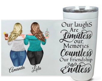 May include: White stainless steel tumbler with a black graphic that reads "Our laughs are limitless, our memories countless, our friendship endless".