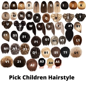 May include: A chart of 36 different hairstyles for children. The hairstyles are labeled with letters and numbers. The text at the bottom of the chart reads "Pick Children Hairstyle".