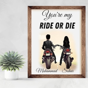 Biker Couple Custom Digital Friend Portrait Illustration, Riding Motorbike Together, Biker Gift, Biker Best Friends Gift, Friendship gift