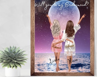 Bridesmaid And Bride Print, Will You Be My Bridesmaid, Customized Maid Of Honor Gift, Wedding Favor Personalized Wedding Art Print
