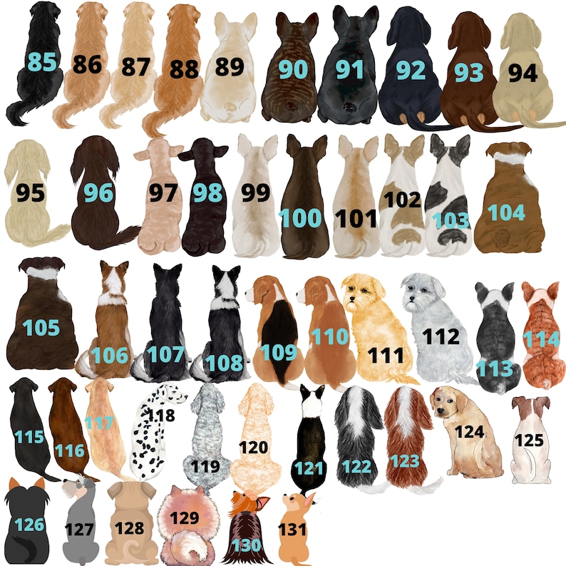 May include: A collection of 31 illustrated dog breeds, each with a unique coat color and pattern. The dogs are numbered from 85 to 131, showcasing a variety of sizes and appearances. Ideal for pet lovers and personalized gifts.