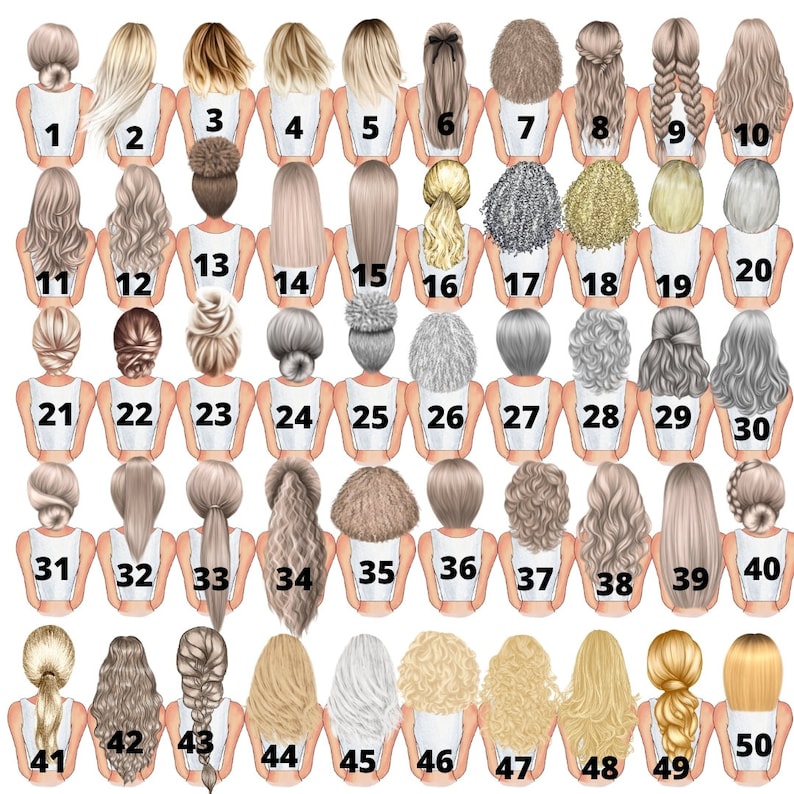 May include: A set of 50 illustrations of women's backs with different hairstyles. The illustrations are in a cartoon style and are numbered 1 through 50.
