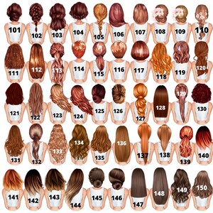 May include: A chart of 150 different hairstyles for women, with each hairstyle numbered. The hairstyles are all different colors and styles, including braids, buns, ponytails, and curls.