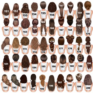May include: A chart of 20 different hairstyles for women, numbered 151 to 200. Each hairstyle is shown from the back, with the woman facing away from the viewer. The hairstyles include long, short, curly, straight, and braided styles.