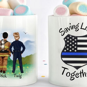 Feuerwehrmann Geschenke, Feuerwehrmann Becher, personalisierte Paare Becher, Polizei Becher, Polizist Becher, Jubiläumsgeschenk, zusammen Leben retten