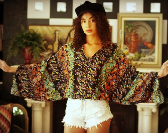 Ready now! Caposhi Kimono top Bohemian cotton batwing 70s gypsy festival boho blouse top 70s gypsy peasant hippie bohemian shirt S M L