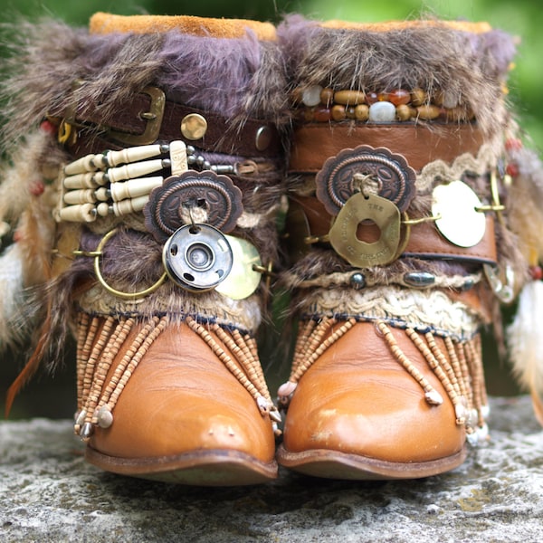 Custom upcycled REWORKED vintage BOHO boots festival BOOTS gypsy boots ankle boots belted boots Cowgirl Boots Upcycled boots
