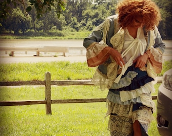 Genoa Lace upcycled denim jeans skirt maxi ruffle boho vintage gypsy rag dress festival shabby romantic pencil skirt fringe