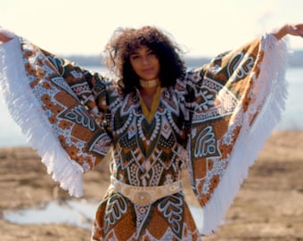 Bohemian Mandala Angel wing sleeve mini dress Crochet FRINGE festival boho dress 70s gypsy peasant dress hippie bohemian cotton