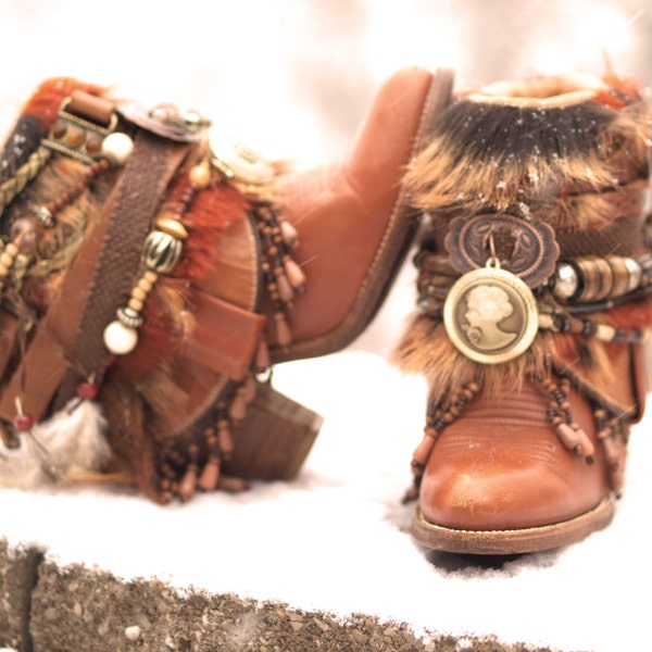 Custom upcycled REWORKED beaded vintage boho boots festival BOOTS gypsy boots ankle boots belted boots leather ankle boots