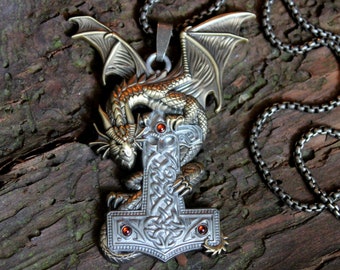 Mjölnir Pendant: Anne Stokes Dragon & Viking Hammer Necklace