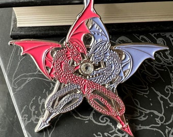 Pentagram Dragons blue and red enamel pin badge