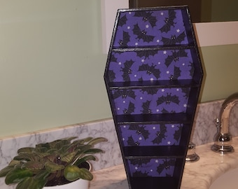 Decorative Coffin Shelves/ Craft show display shelf/ gothic black coffin with purple bats/ jewelry crystal macabre decor witch wizard