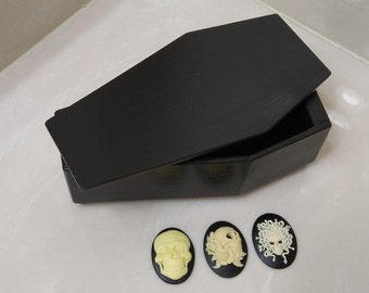 Black Coffin Trinket Storage Box with your choice of skull embellishment/ wooden casket gothic jewelry makeup macabre stash box skull medusa