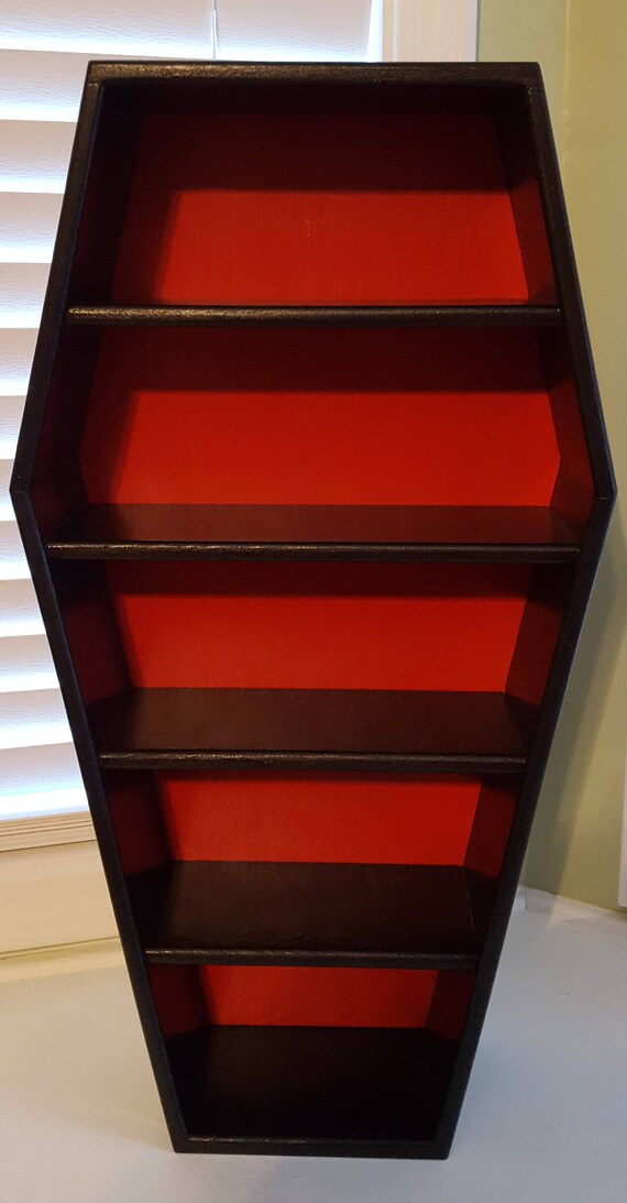 5 Shelf Coffin Shaped Display Shelves Black And Red Wall Mounted Or Table Top Shelving Gothic Macabre Craft Show Collection Showcase