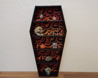 Decorative Coffin Shelves/ Craft show display shelf/ gothic black coffin with orange bats/ jewelry crystal macabre decor witch wizard